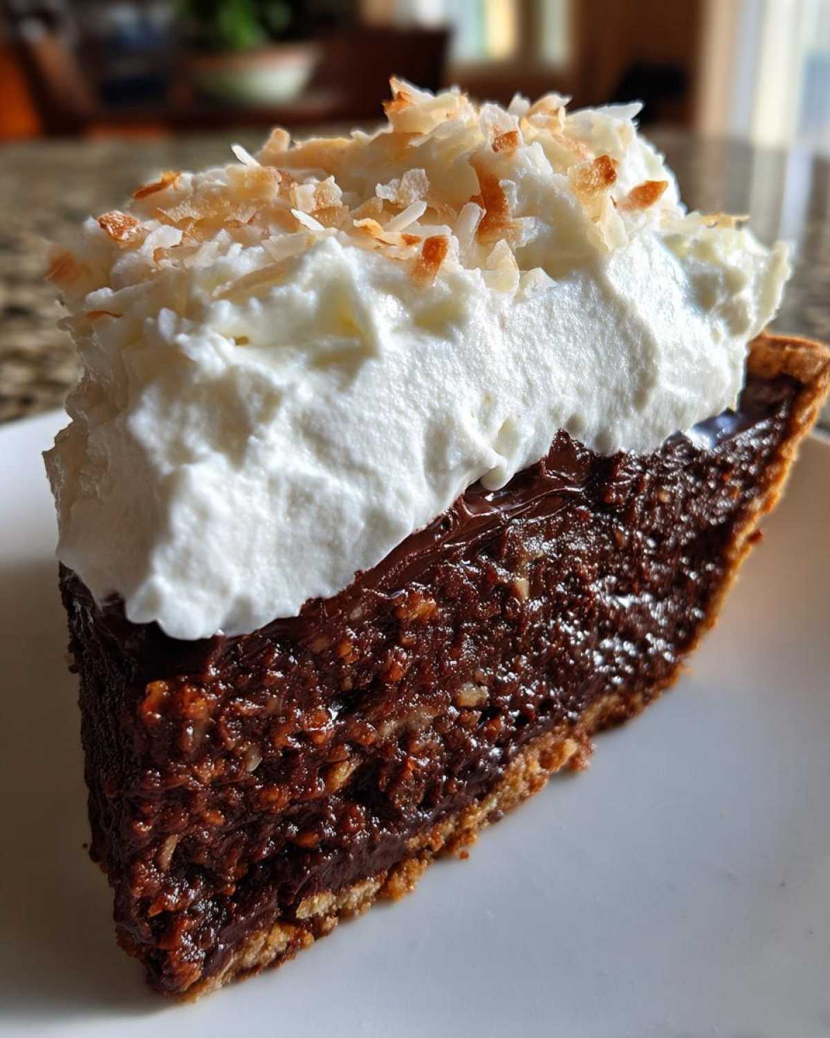 A close-up slice of rich, dark german chocolate pie topped with whipped cream and toasted coconut.
