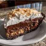 A decadent slice of no-bake german chocolate pie featuring a dark crust, coconut-pecan layer, chocolate filling, and whipped cream topping.
