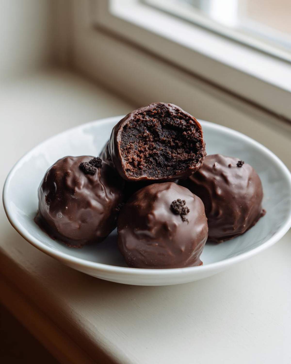 Four rich, chocolate-covered oreo balls in a small bowl, one cut open to show the dark, dense center.