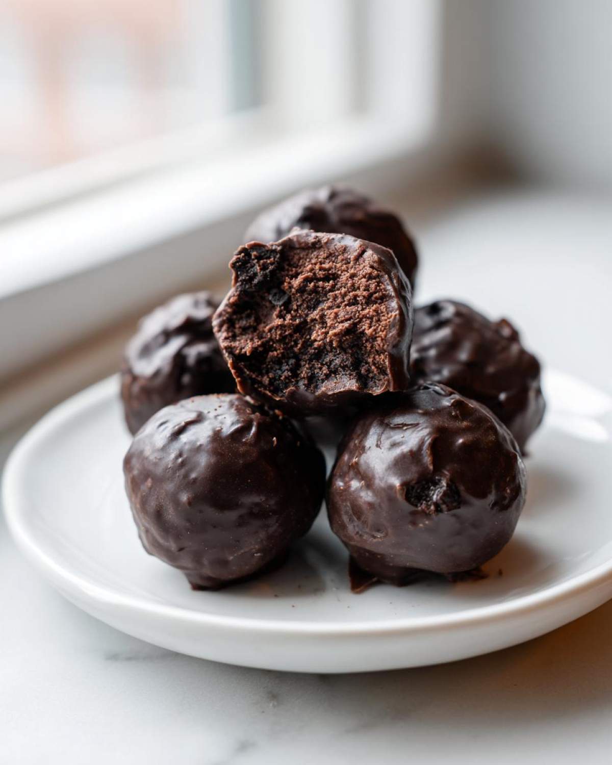 A stack of rich, chocolate-coated oreo balls on a white plate, with one showing a bite taken out revealing the dark interior.