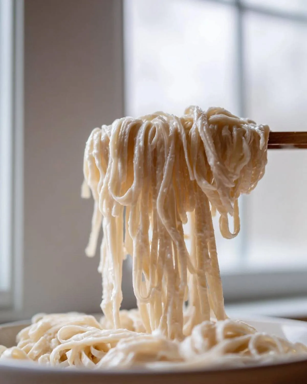 Close-up of fettuccine noodles being lifted by chopsticks, thoroughly coated in a rich, creamy vegan alfredo sauce.