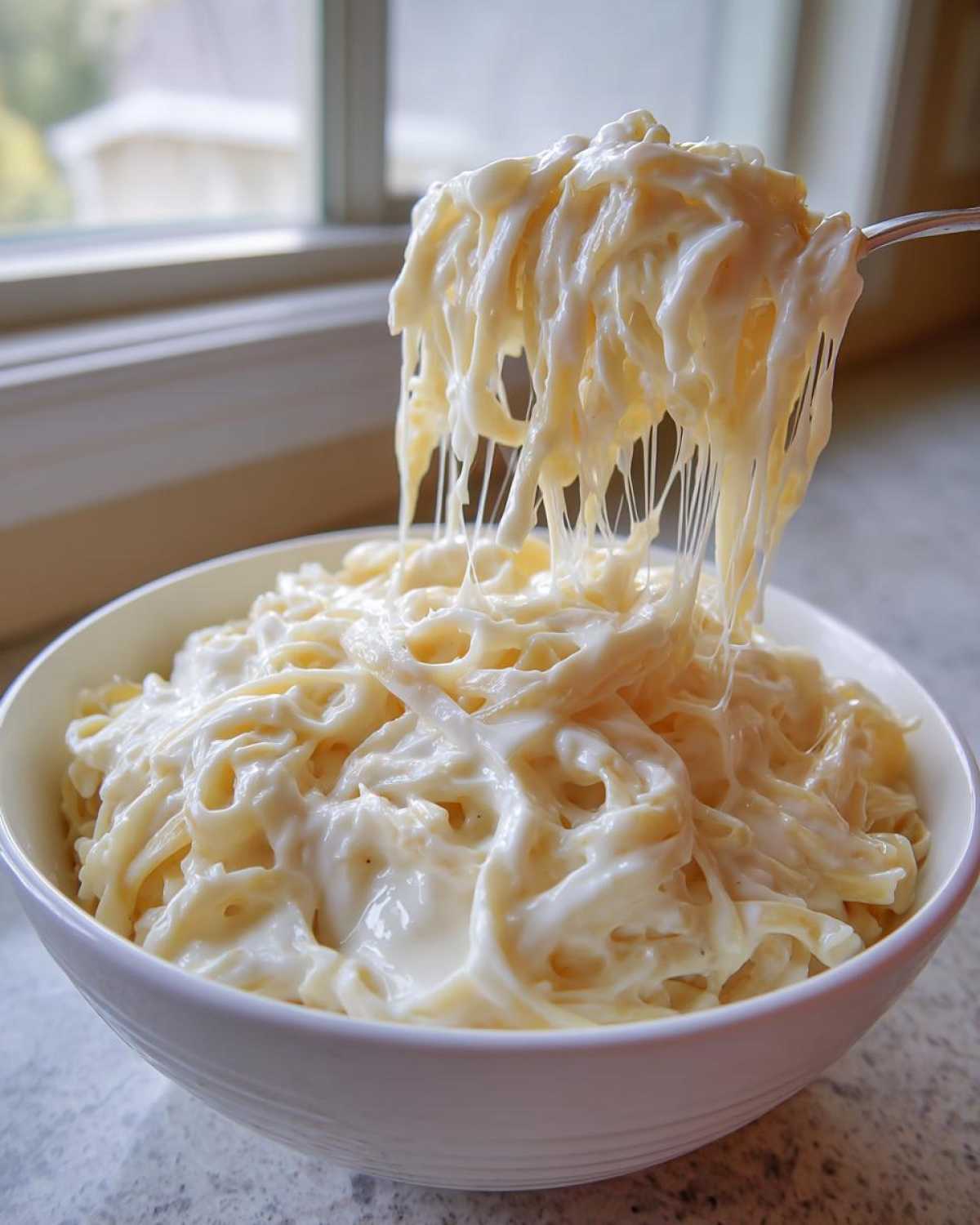 A fork lifts fettuccine coated in thick, creamy Olive Garden Alfredo sauce, showing long cheese pulls.