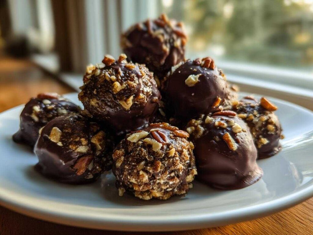 A pile of rich, chocolate-dipped pecan pie balls coated in chopped pecans on a white plate.