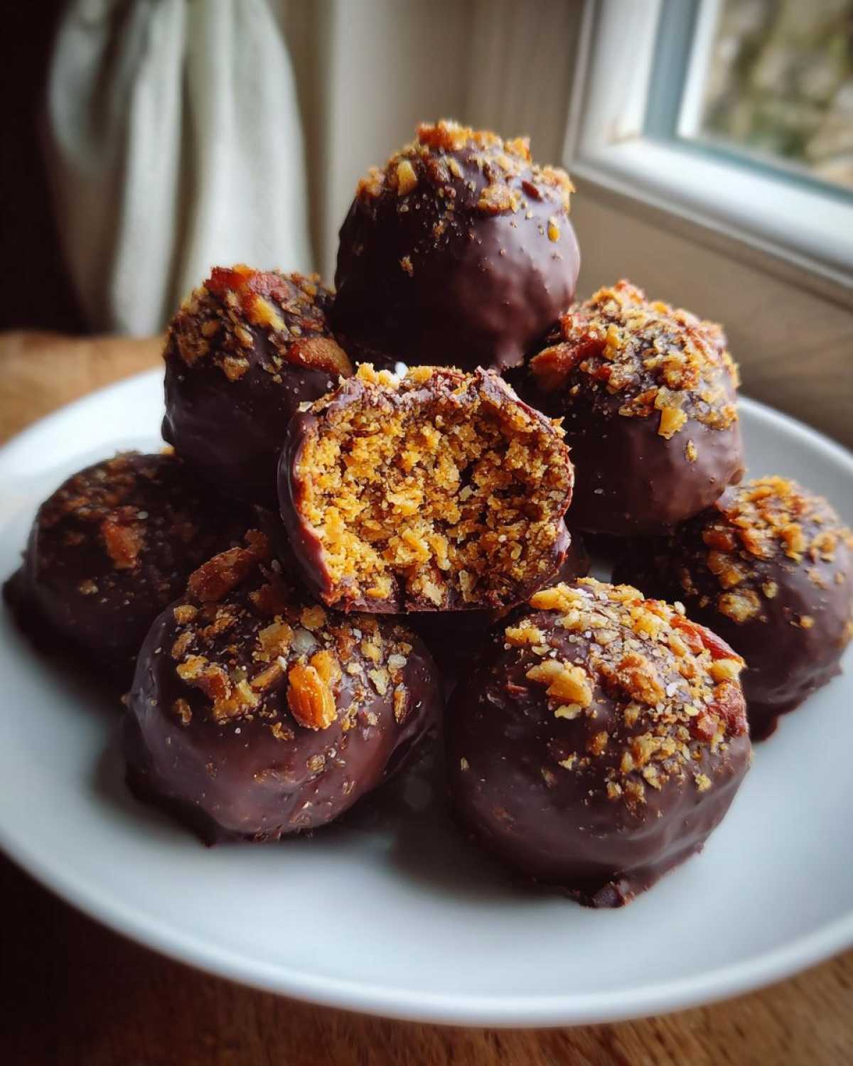 A stack of chocolate-dipped pecan pie balls, one cut open to show the textured filling, topped with crushed nuts.