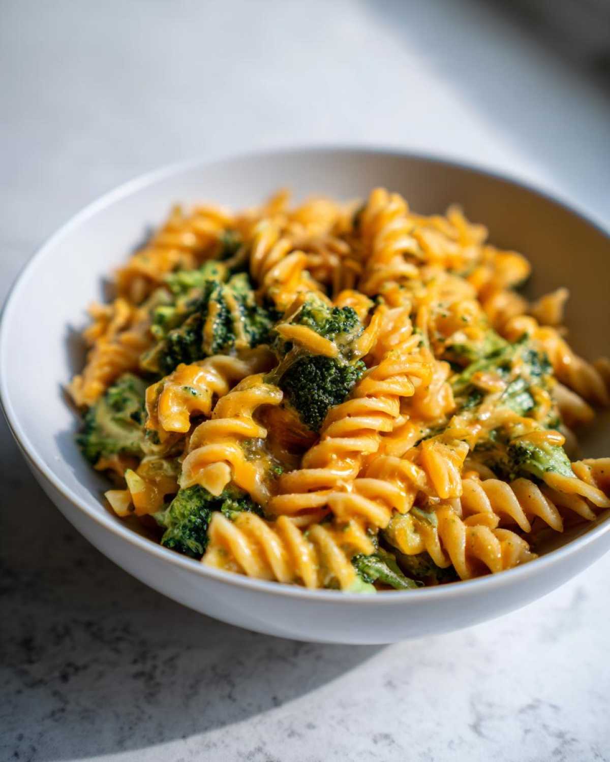 Close-up of creamy, cheesy broccoli pasta featuring rotini noodles and bright green broccoli florets.