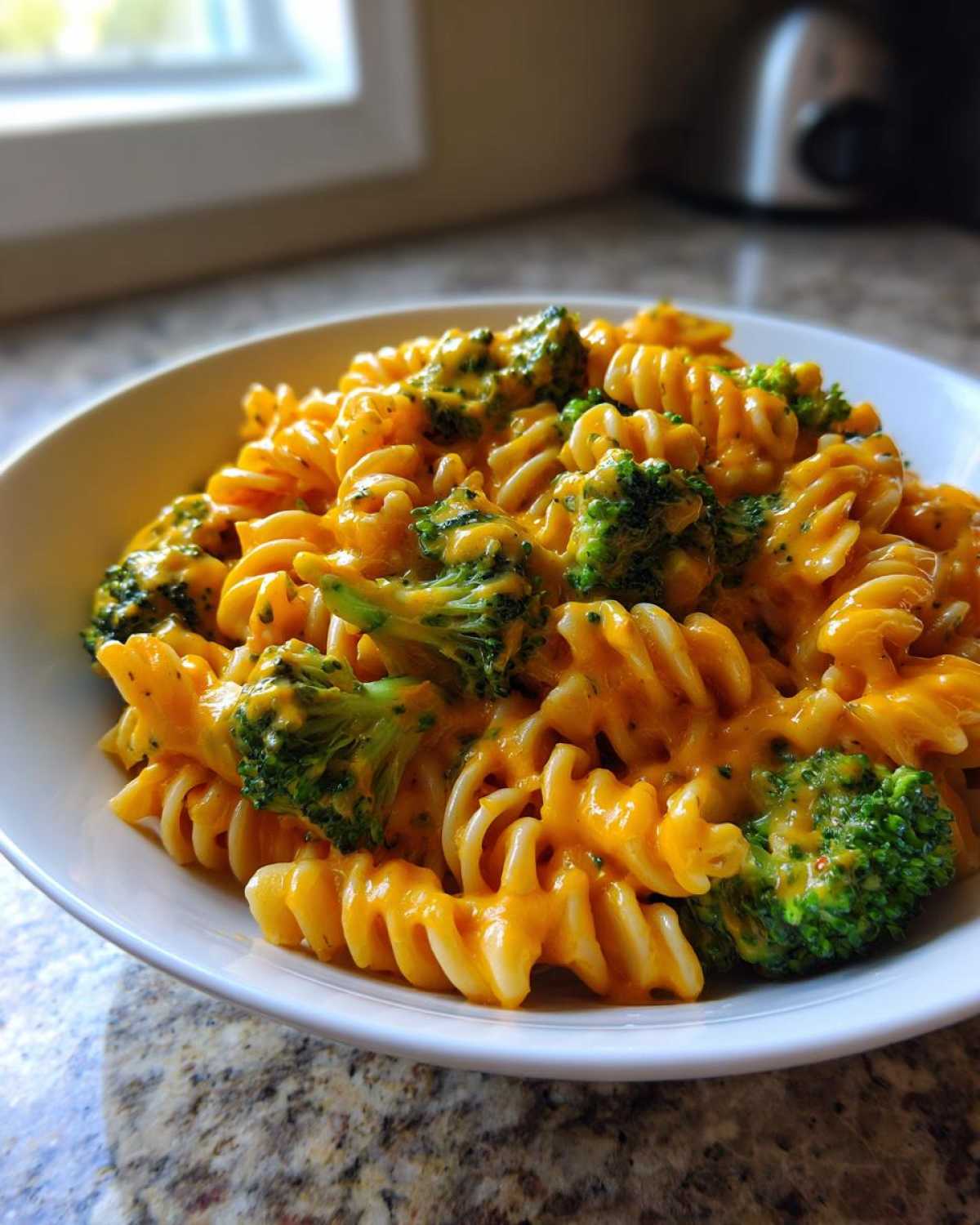 A close-up of creamy, cheesy broccoli pasta made with rotini noodles and bright green broccoli florets.