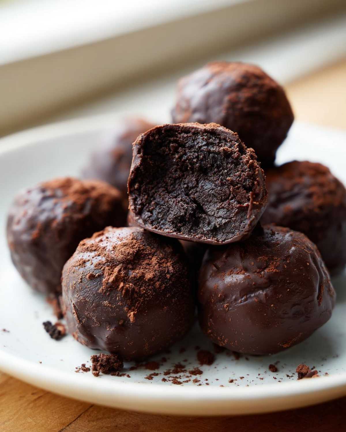 A stack of rich, chocolate-covered oreo balls, one cut open to show the dark, dense center, dusted with cocoa powder.
