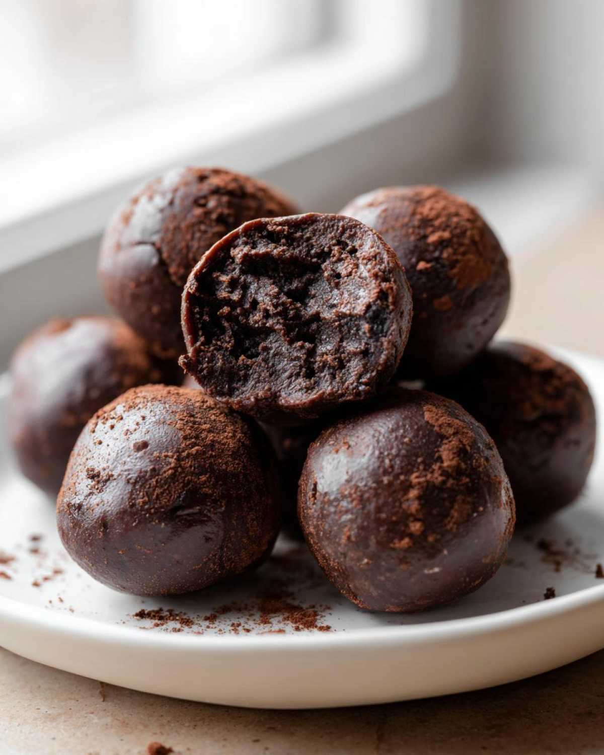 A pile of rich, dark chocolate oreo balls dusted with cocoa powder, one cut open to show the dense interior.