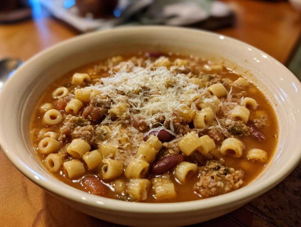Close-up of a warm bowl of pasta e fagioli soup topped generously with grated Parmesan cheese.