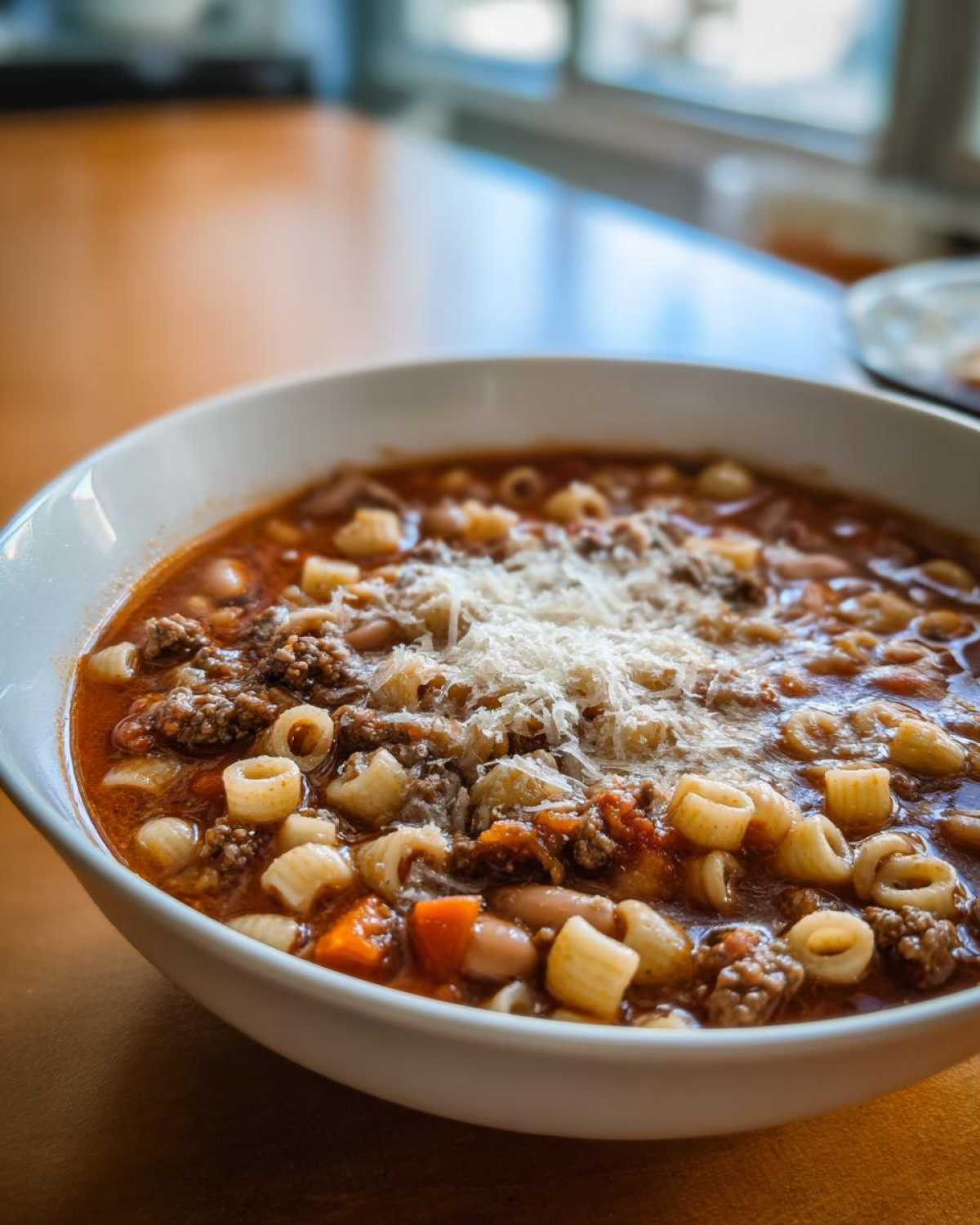 Close-up of a white bowl filled with rich pasta e fagioli, topped generously with grated Parmesan cheese.