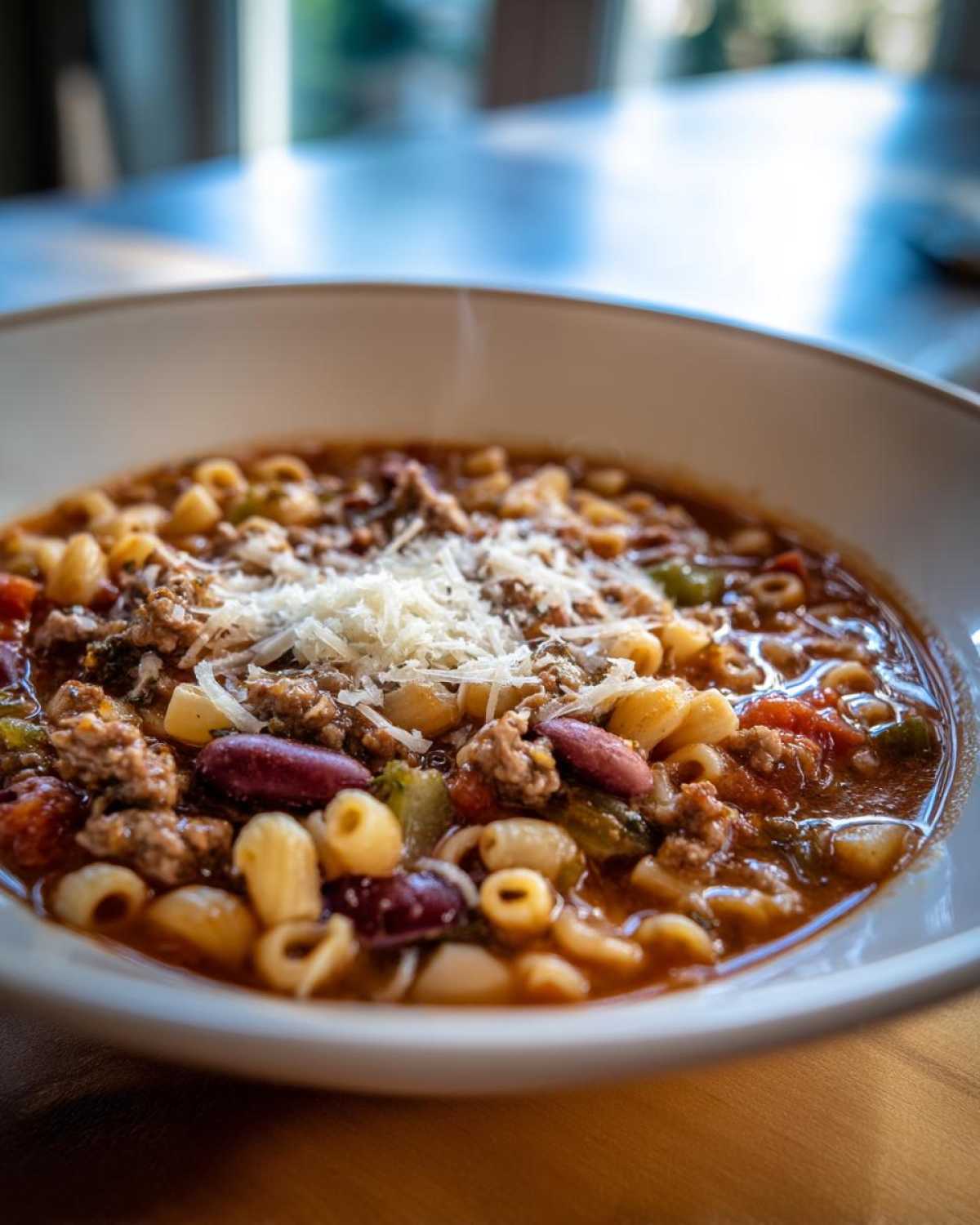 Close-up of a steaming bowl of rich pasta e fagioli topped with grated Parmesan cheese.
