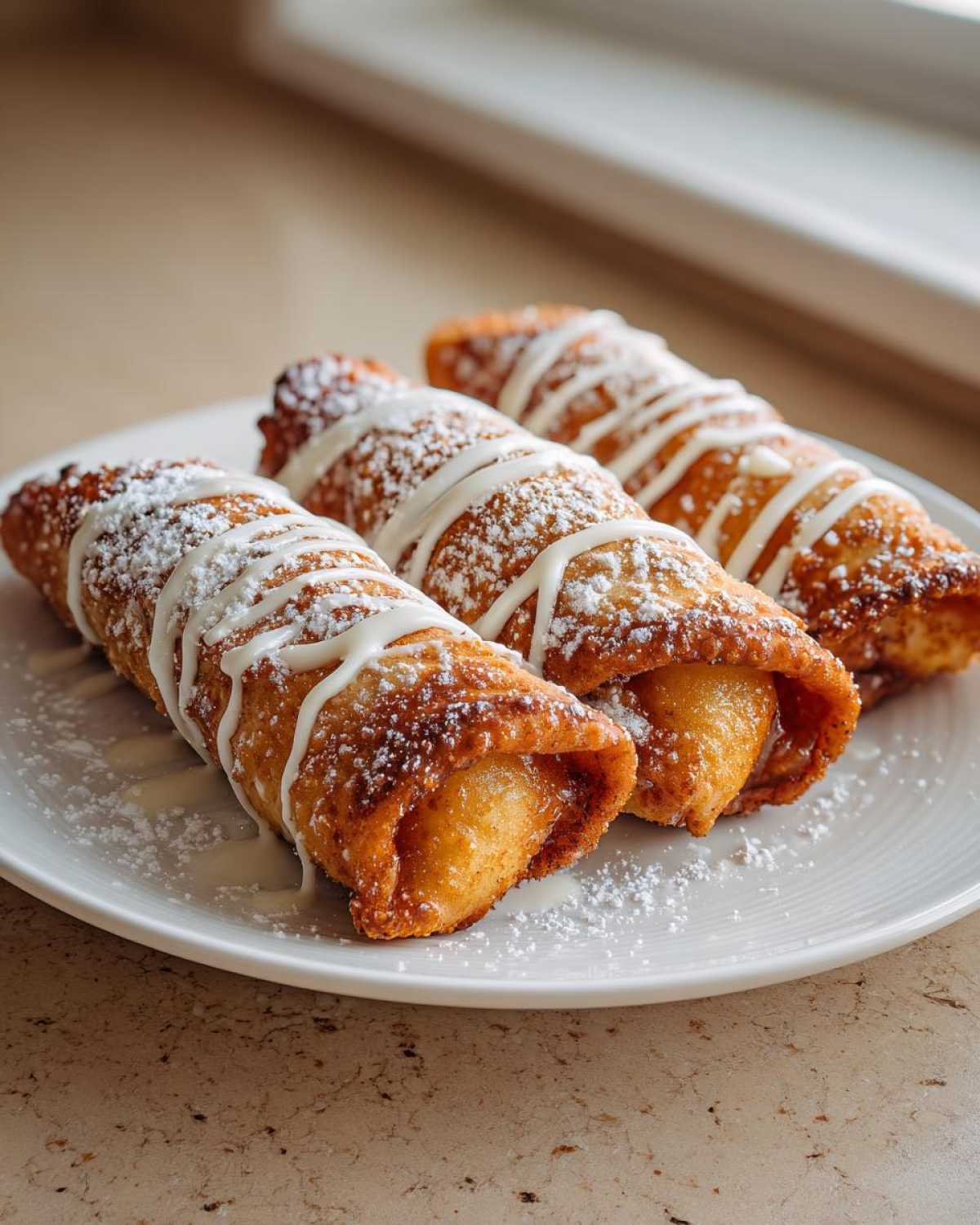 Three golden-brown peach cobbler egg rolls drizzled with white icing and dusted with powdered sugar.