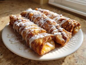 Four golden-brown peach cobbler egg rolls drizzled with white icing and powdered sugar on a white plate.