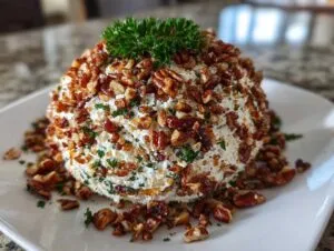 A creamy cheese ball recipe coated generously with chopped pecans and topped with fresh parsley.