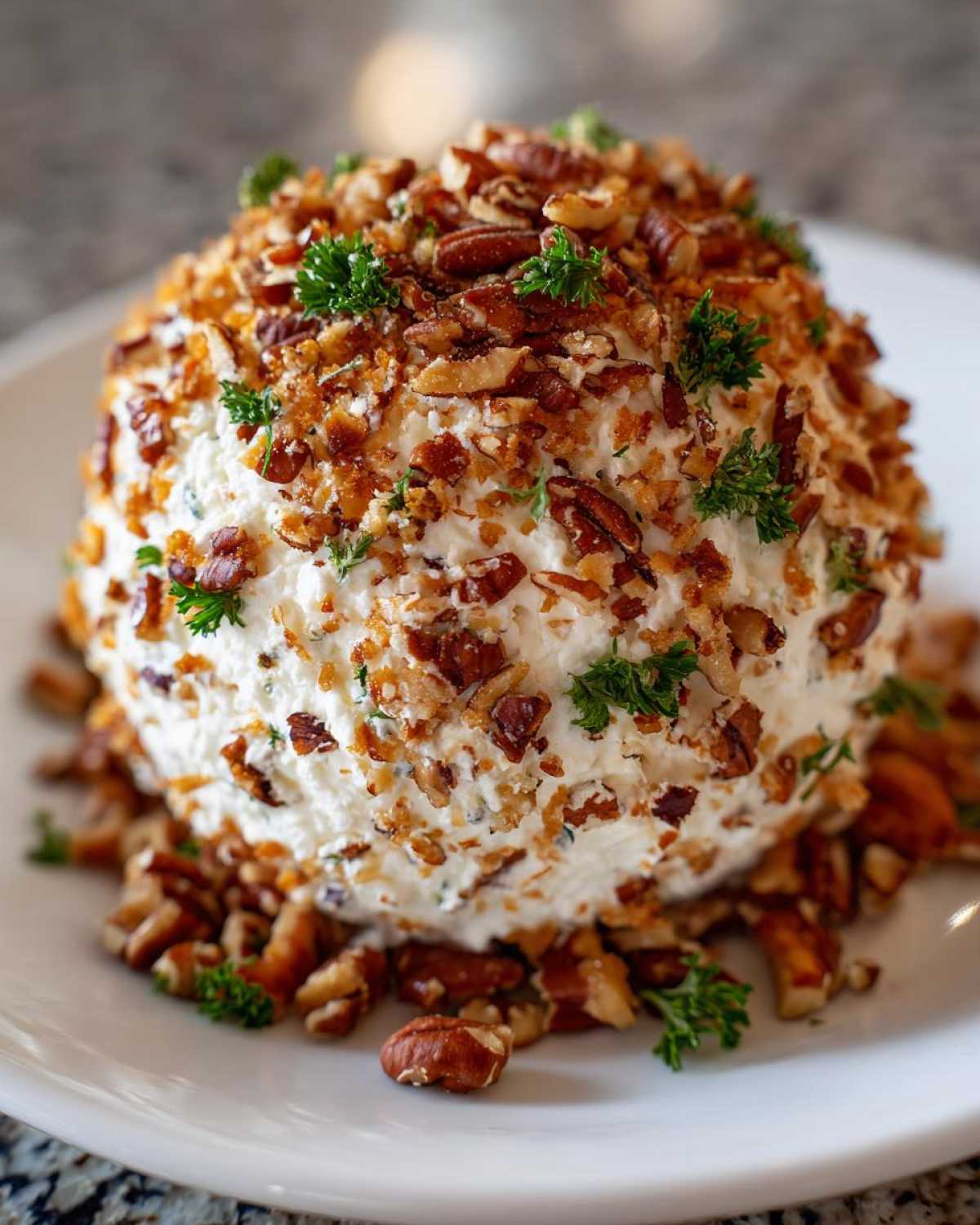 A perfectly shaped cheese ball recipe coated entirely in chopped pecans and garnished with fresh parsley.