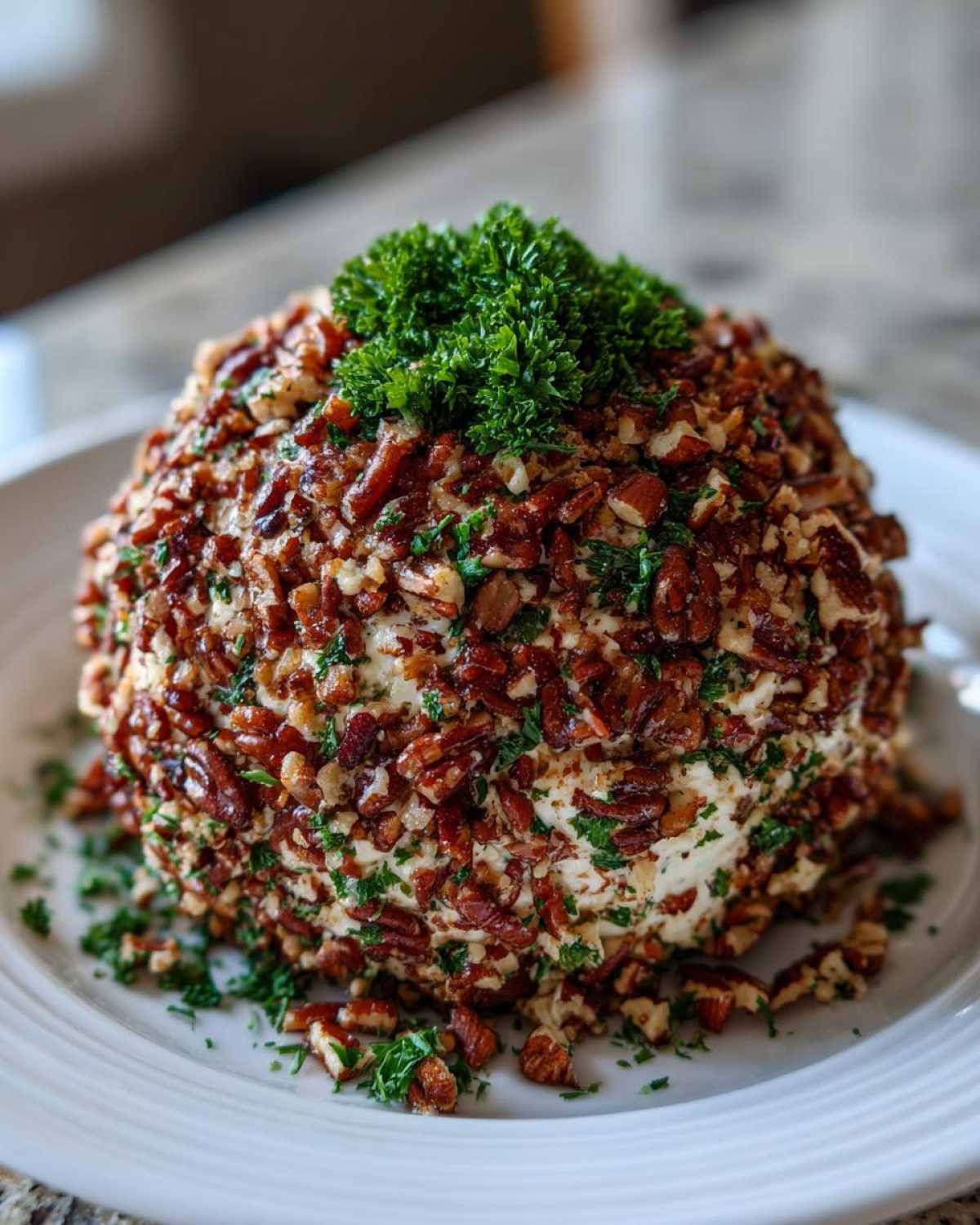 A beautiful, large cheese ball recipe coated entirely in chopped pecans and topped with fresh parsley.