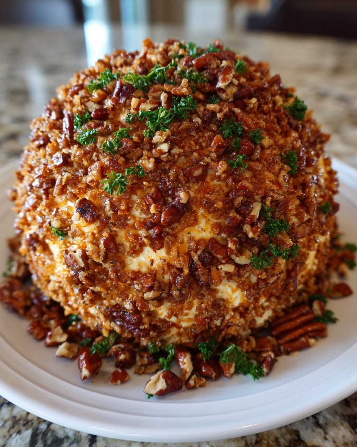A large, perfectly shaped cheese ball recipe coated entirely in chopped pecans and garnished with fresh parsley.
