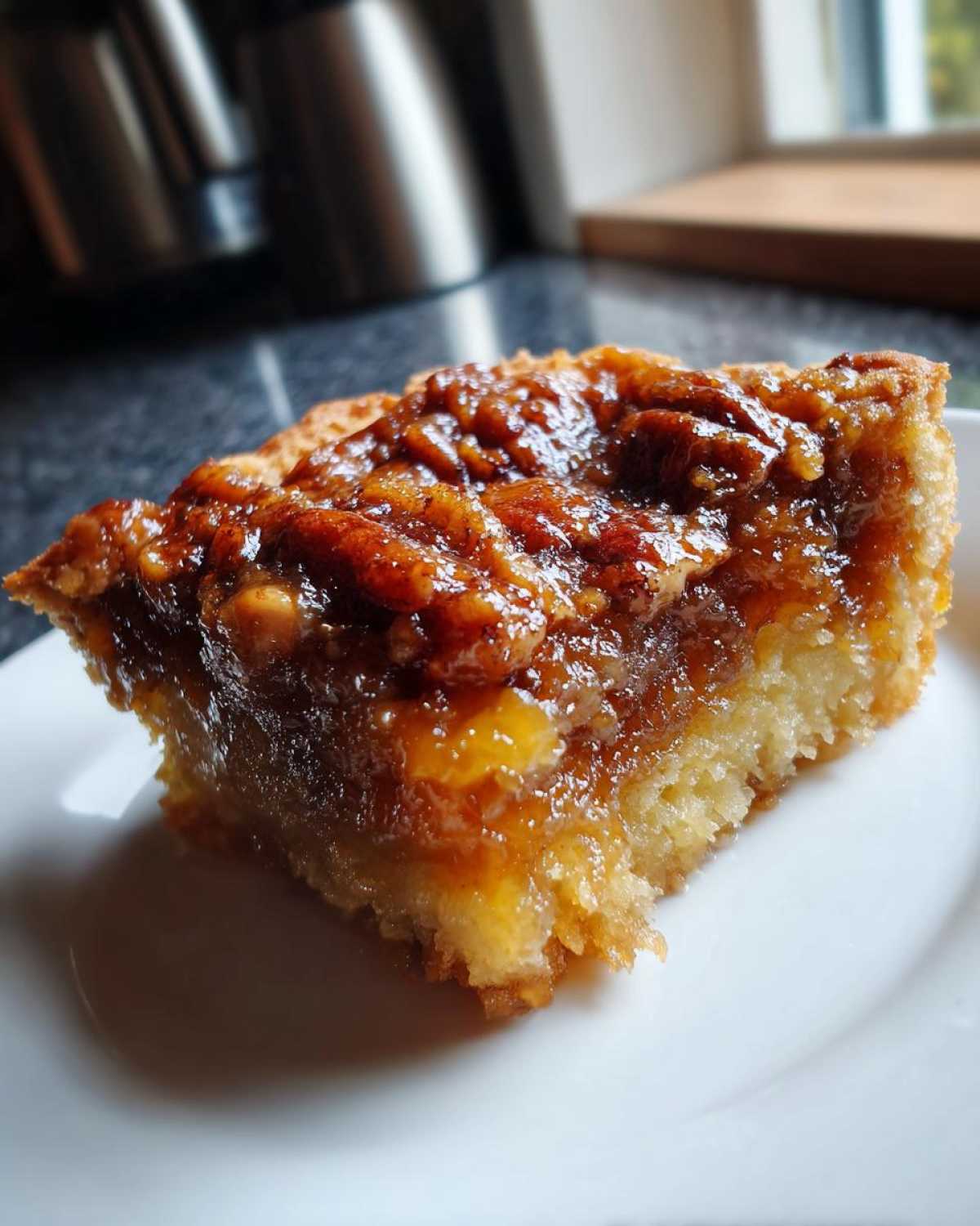 Close-up of a square slice of pecan pie cobbler recipe showing the gooey pecan topping over a cake base.