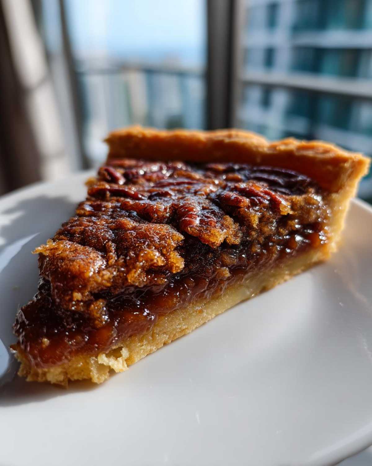 Close-up of a glistening slice of pecan pie cobbler recipe with a flaky crust, set against a bright window background.