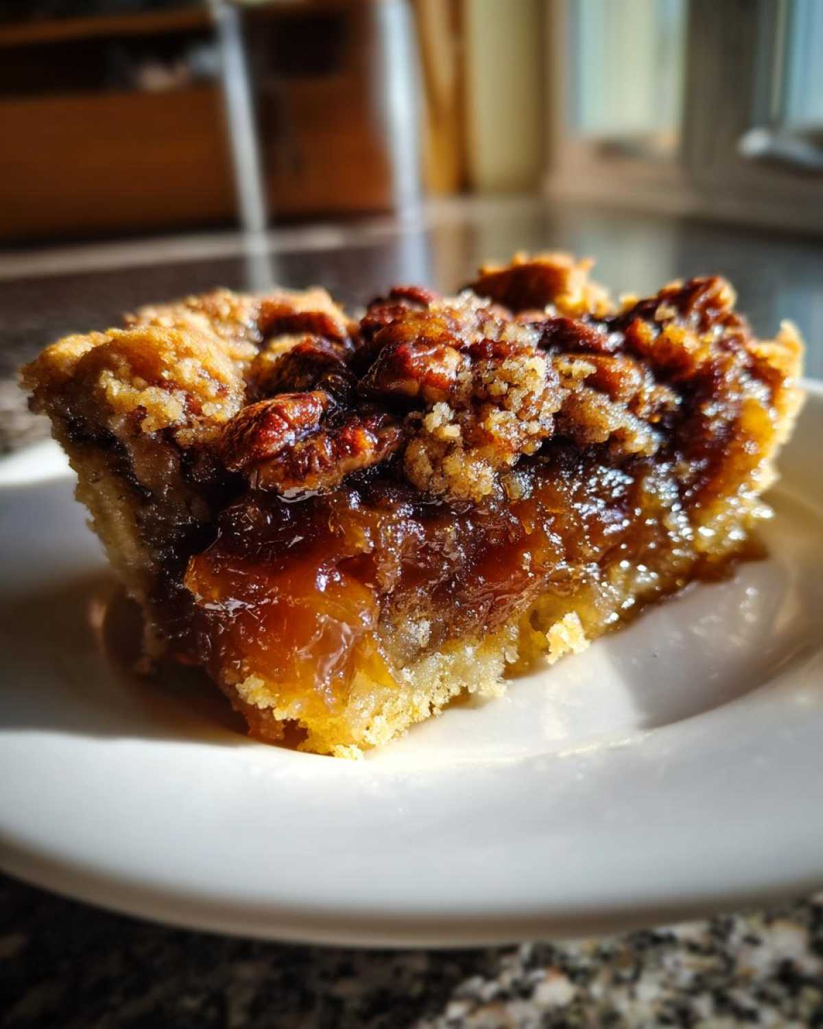 Close-up of a gooey slice of pecan pie cobbler recipe showing the rich filling and pecan topping on a white plate.