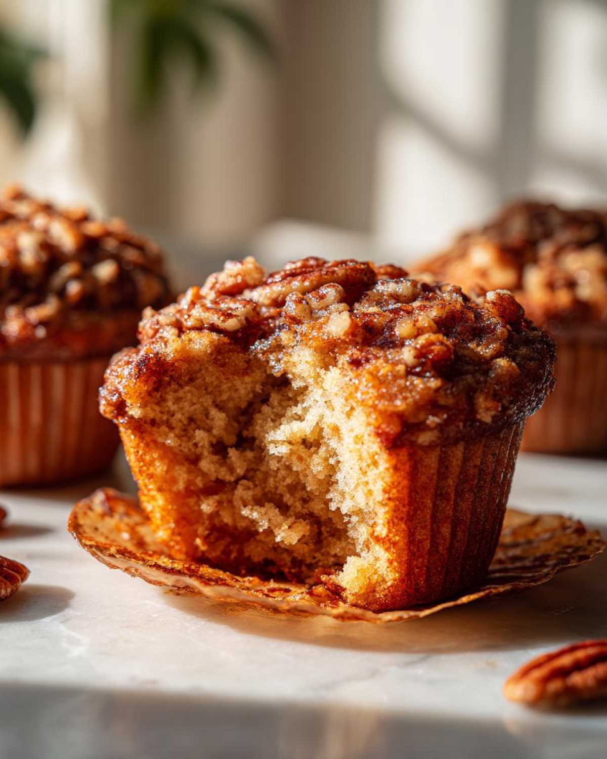 A close-up shot of a pecan pie muffins with a bite taken out, revealing the moist interior and gooey pecan topping.