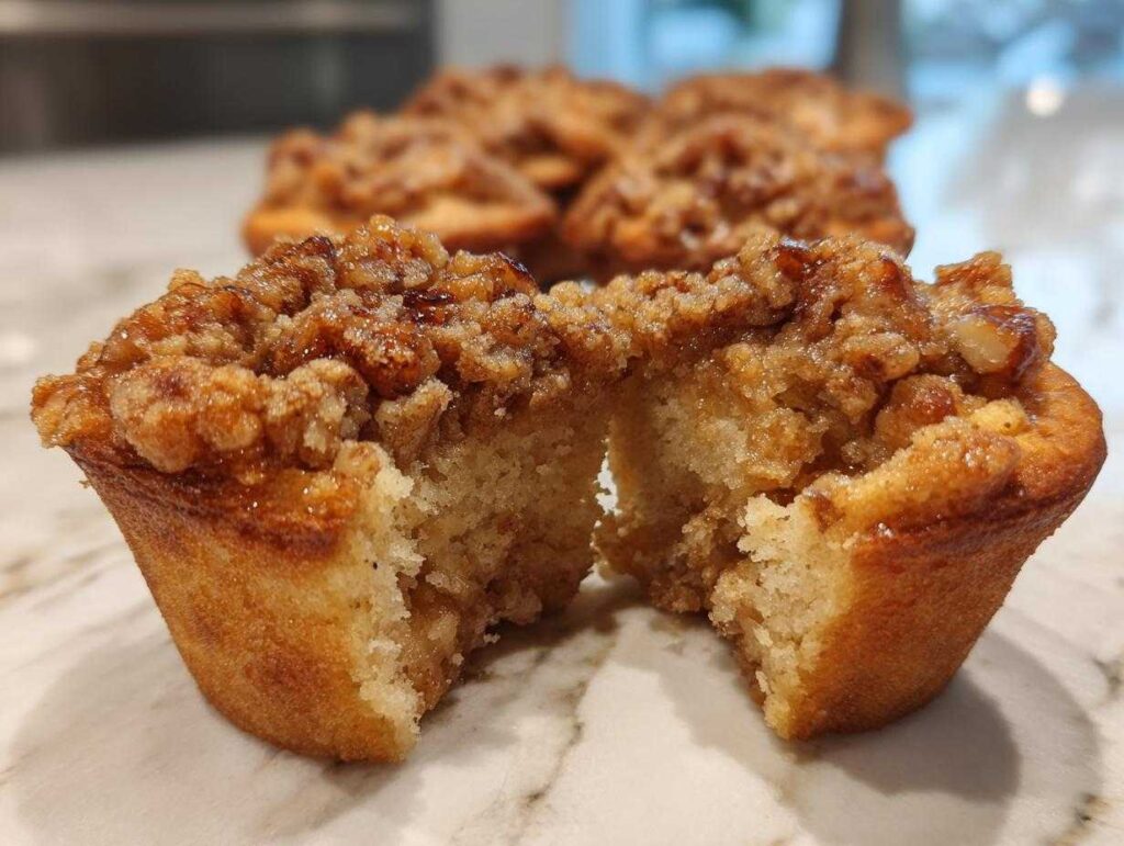 A pecan pie muffin broken in half showing the moist interior and gooey pecan topping.