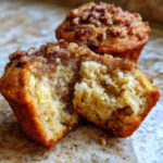 A pecan pie muffin cut in half showing the moist, fluffy interior and gooey pecan topping.