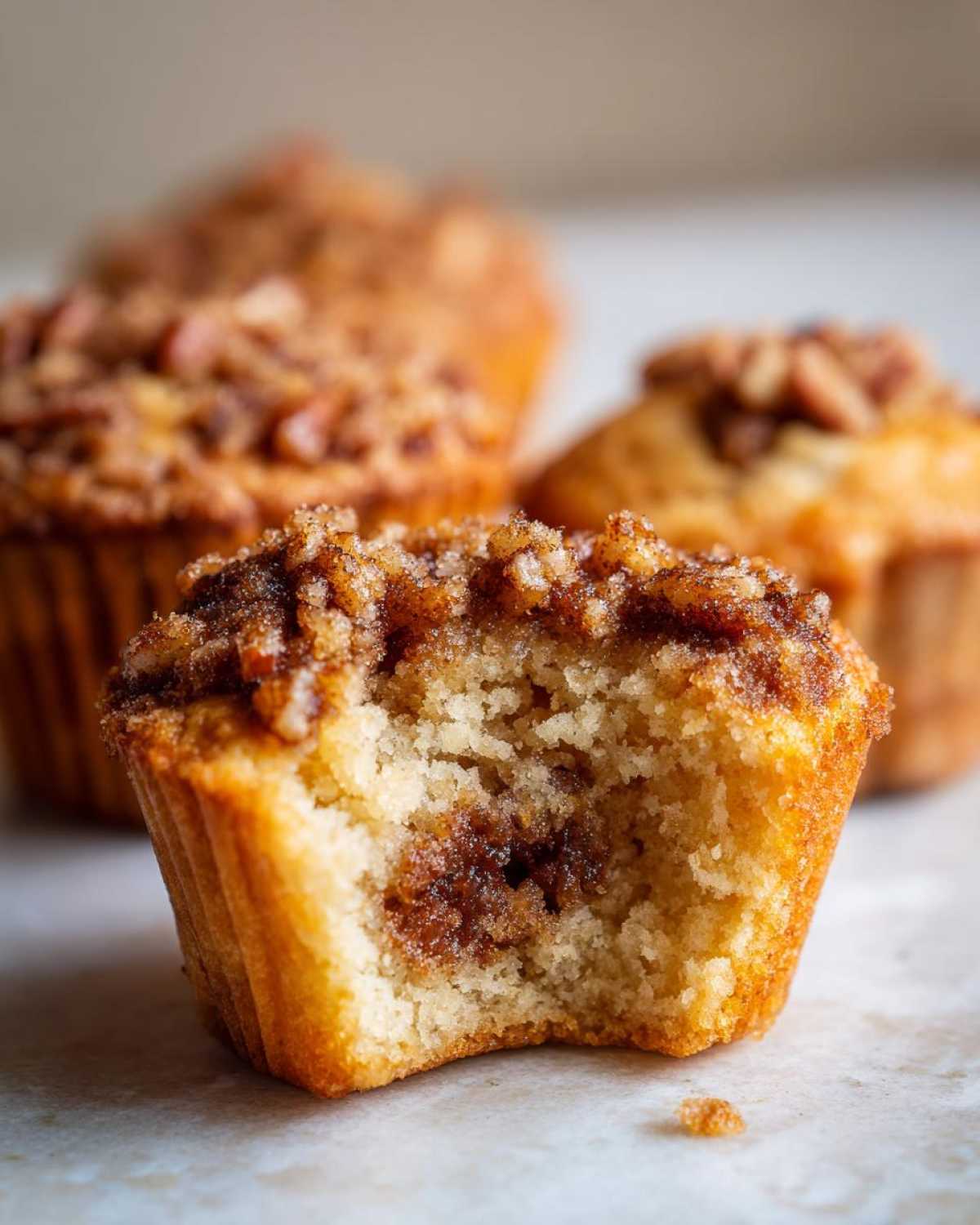Close-up of a pecan pie muffin with a bite taken out, showing the gooey center and crumb topping.