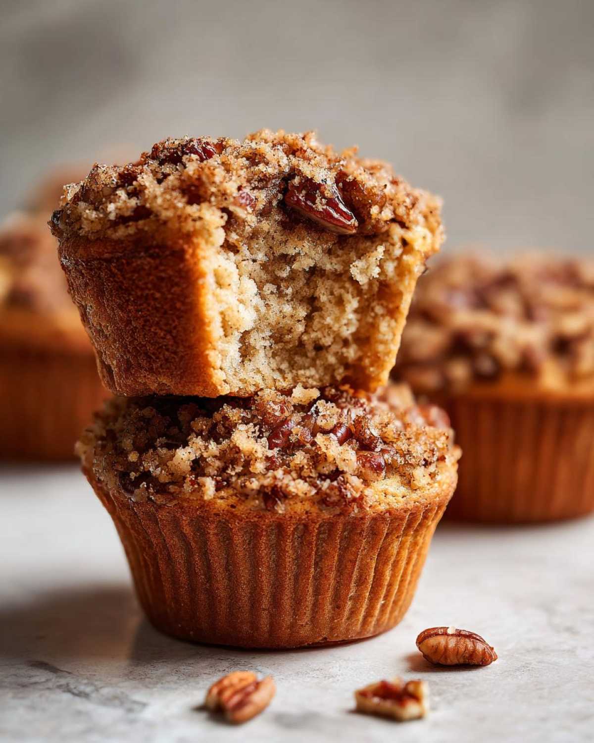 Two pecan pie muffins stacked, one broken open to show the soft interior and gooey pecan topping.