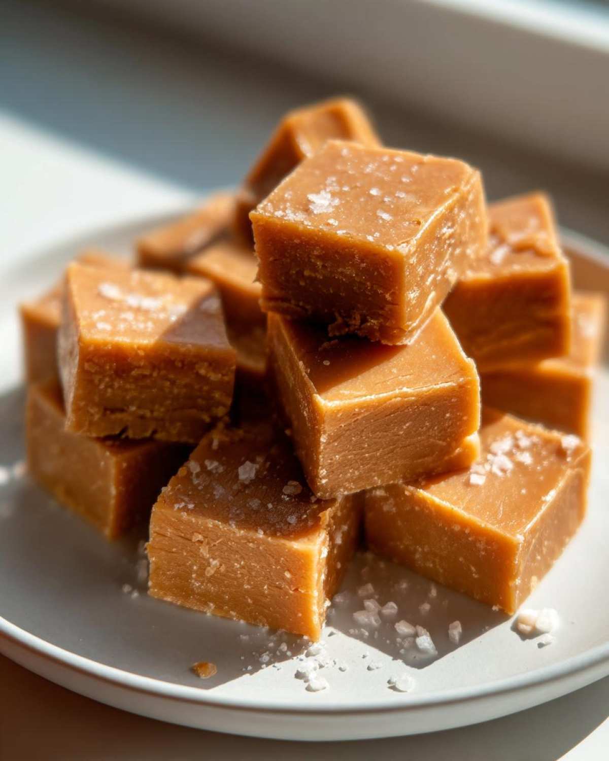 Close-up of stacked, square pieces of rich brown penuche fudge sprinkled with coarse sea salt.