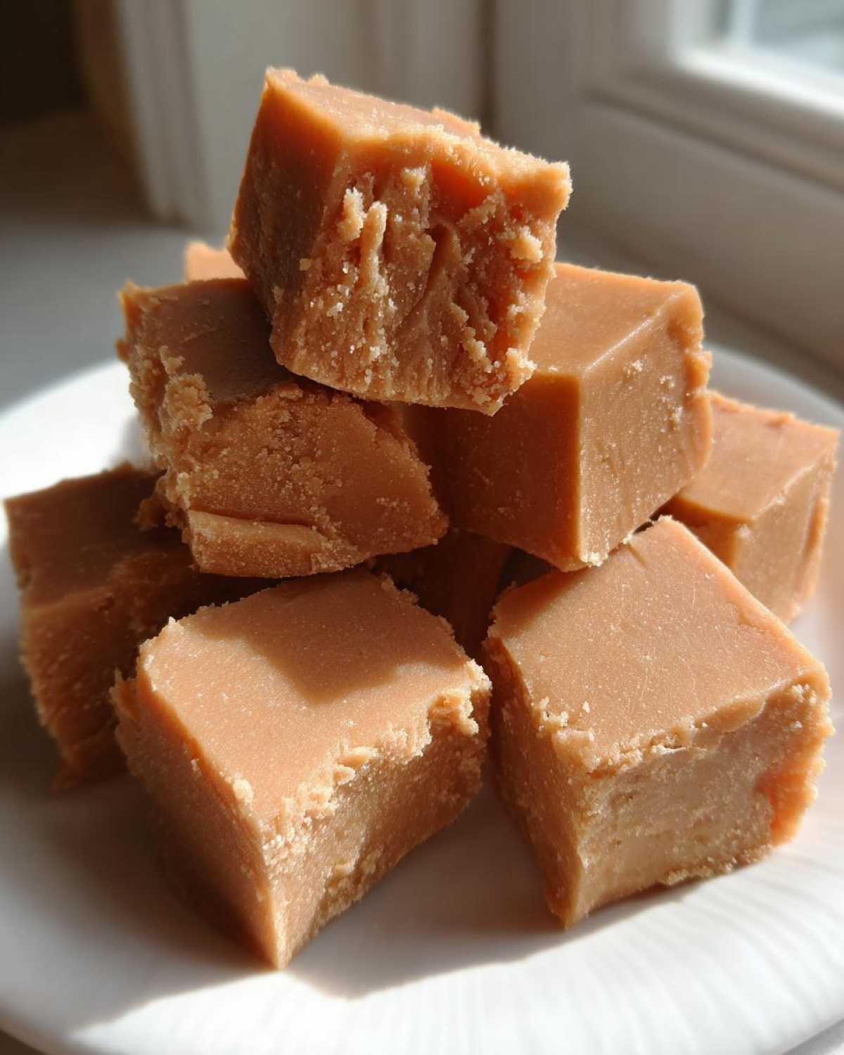 A stack of light brown, creamy squares of homemade penuche fudge resting on a white plate.