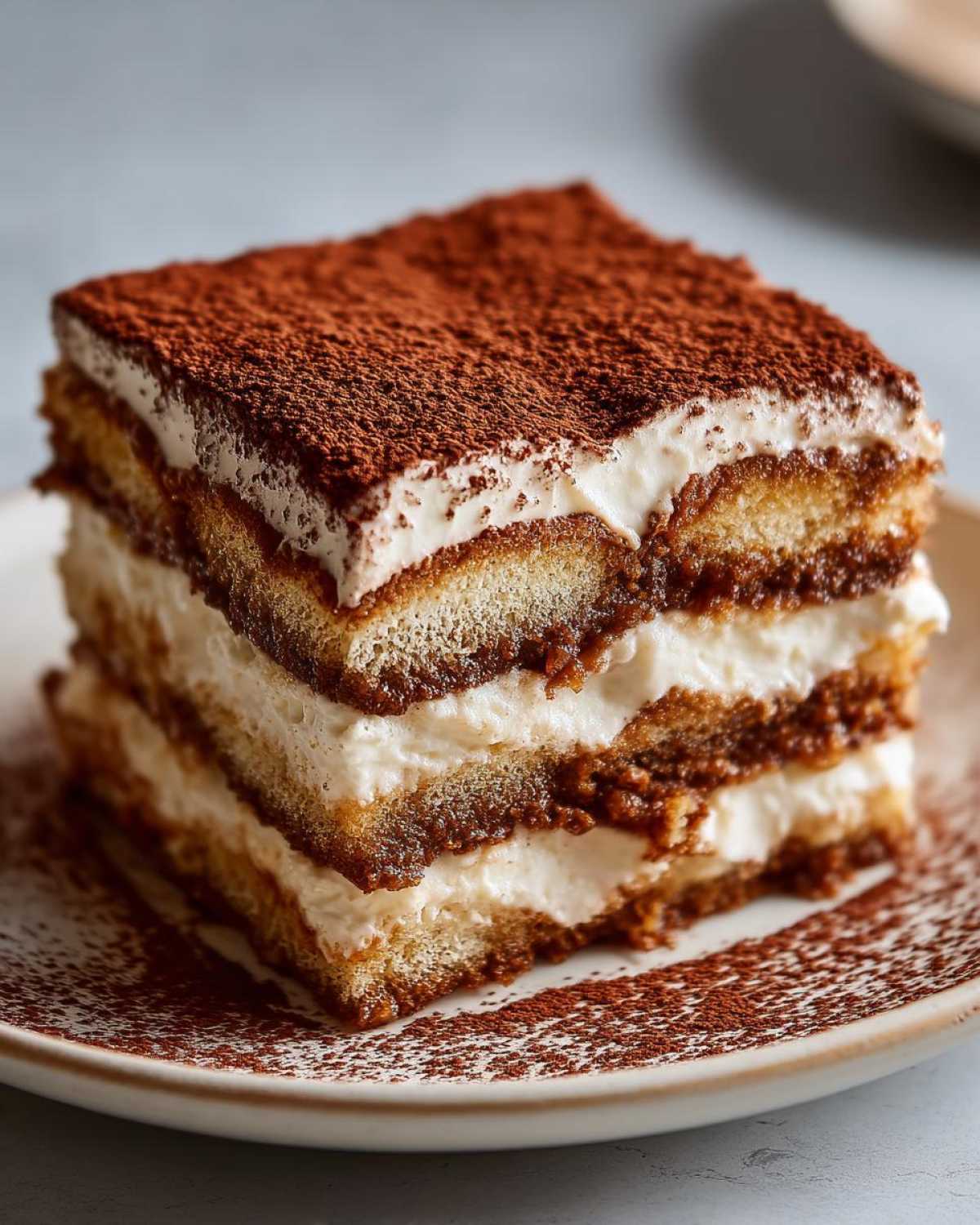 Close-up of a square slice of layered tiramisu recipe, dusted heavily with cocoa powder.