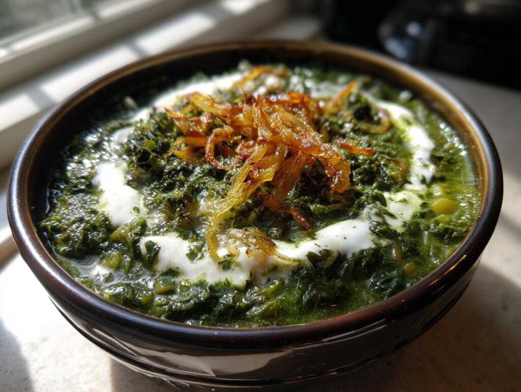 A rich, dark green bowl of Persian noodle soup topped with yogurt swirls and crispy fried onions.