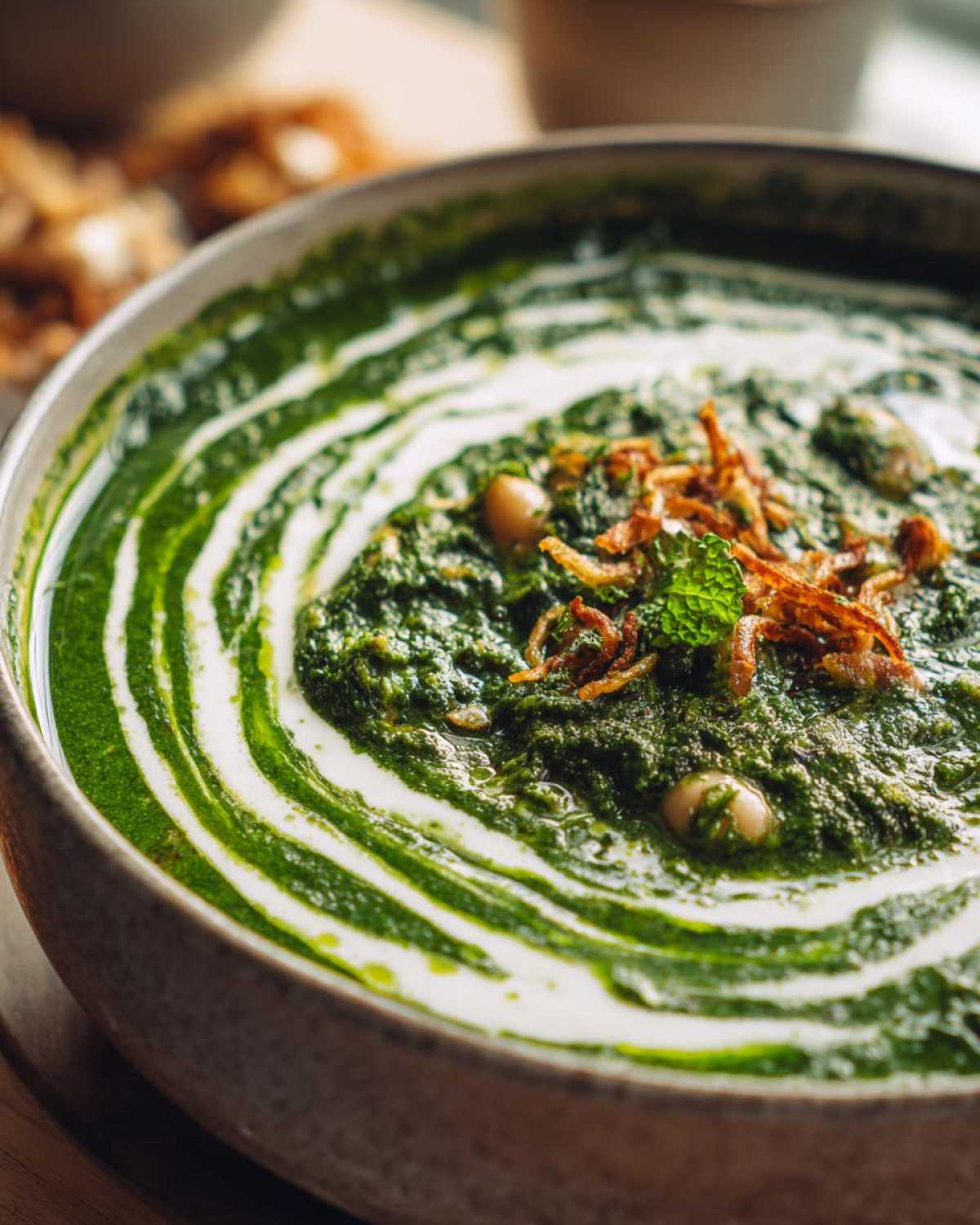Close-up of a rich green Persian noodle soup garnished with cream swirls, chickpeas, and fried onions.