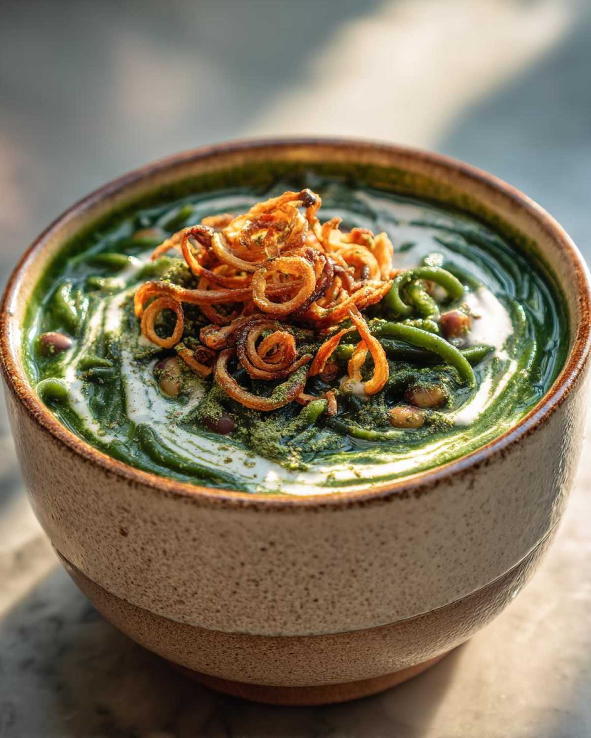 Close-up of a vibrant green Persian noodle soup topped with fried onions and a swirl of yogurt.