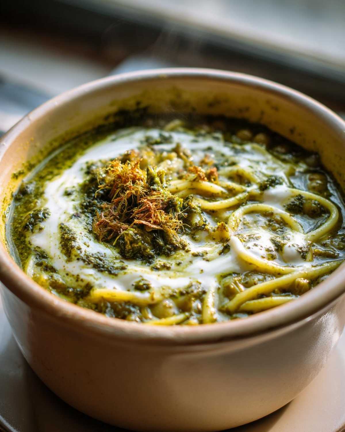 Close-up of a steaming bowl of rich, green persian noodle soup topped with yogurt and fried mint.
