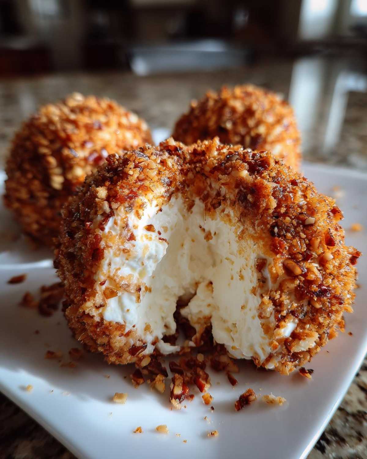 A close-up of a pineapple cheese ball cut open, revealing the creamy white interior and crunchy toasted nut coating.