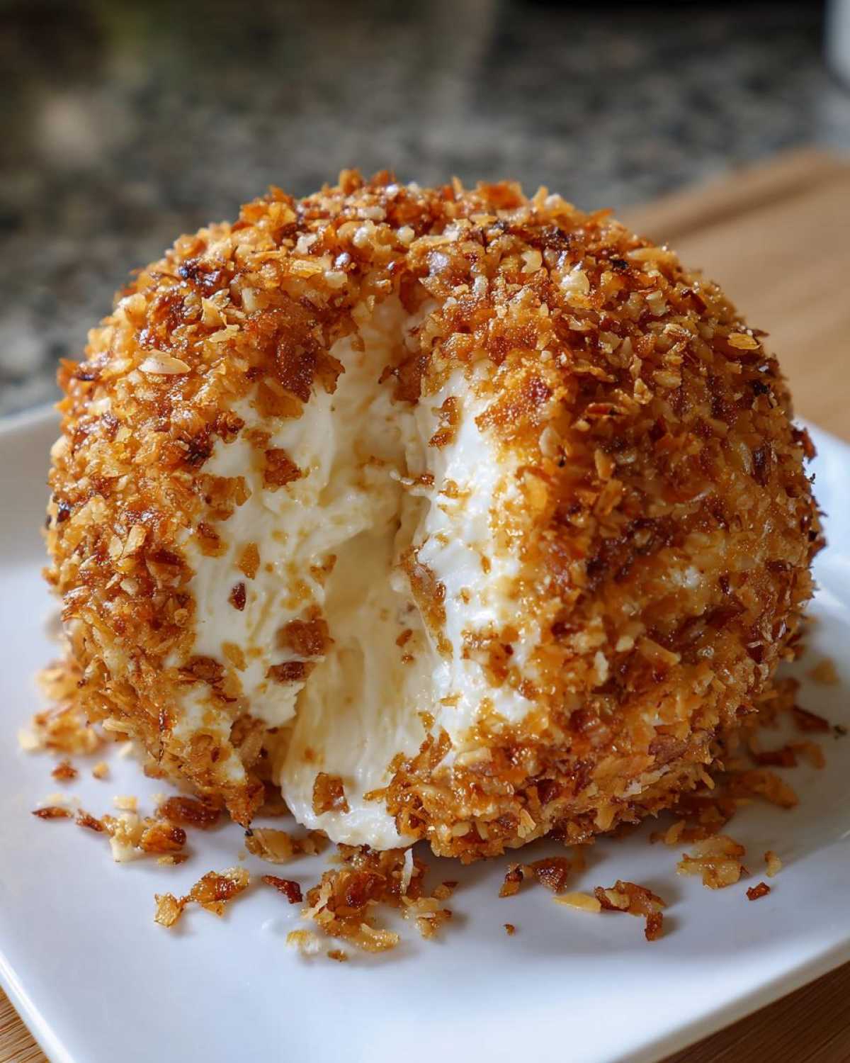 A creamy pineapple cheese ball coated in toasted coconut flakes with a piece removed to show the interior.