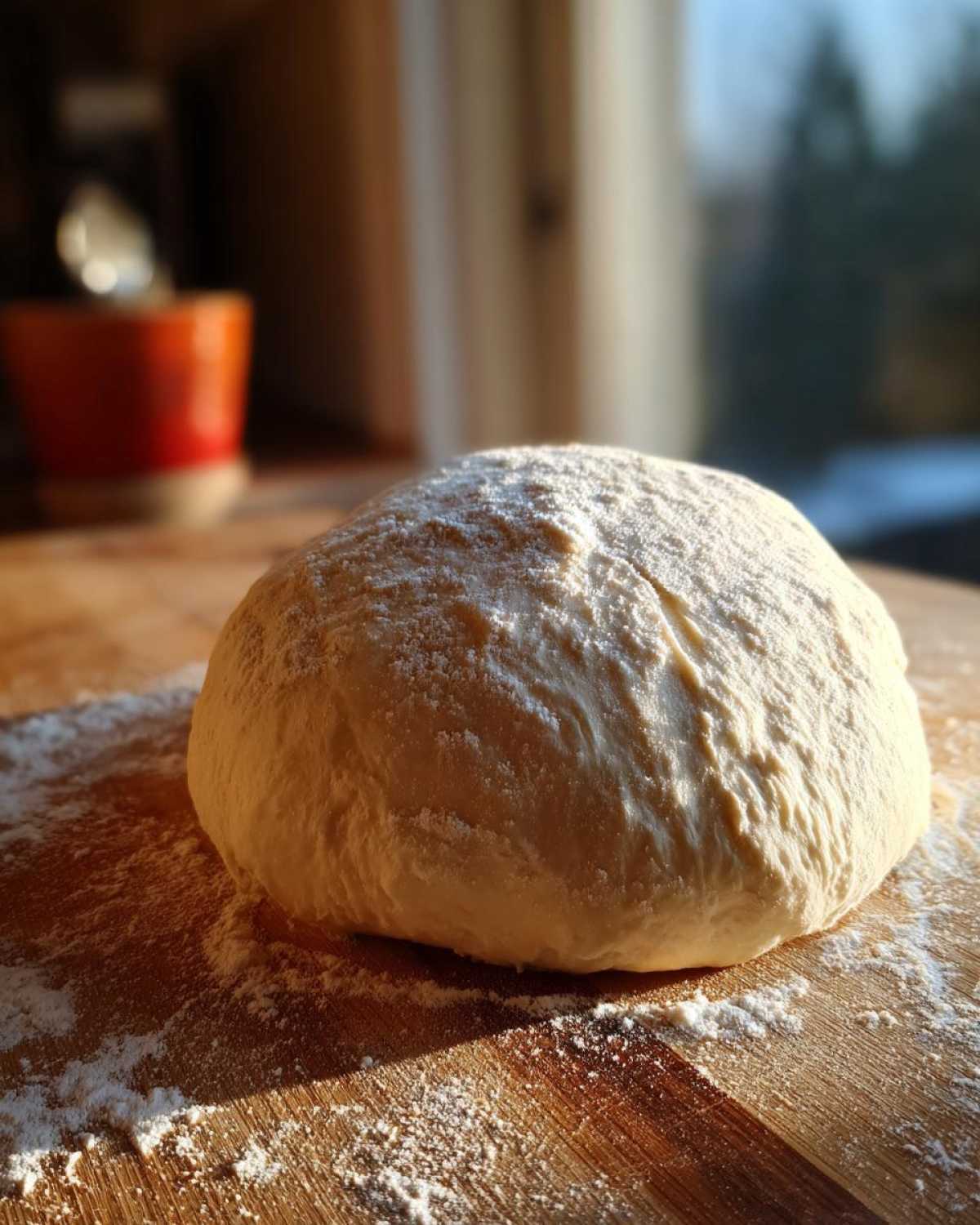 A freshly kneaded ball of pizza dough dusted with flour resting on a wooden board.