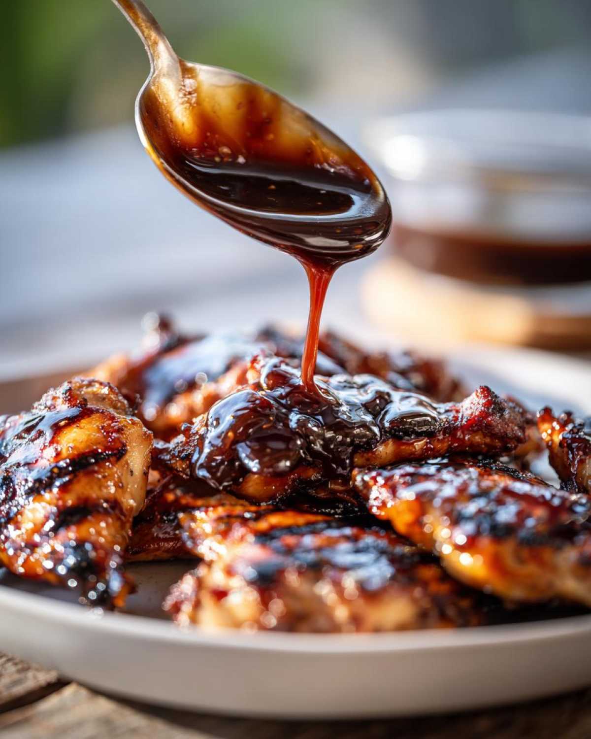 A spoonful of thick, homemade teriyaki sauce being drizzled over grilled chicken pieces on a white plate.