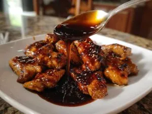 A spoonful of thick, glossy teriyaki sauce is being poured over grilled chicken pieces sprinkled with sesame seeds.
