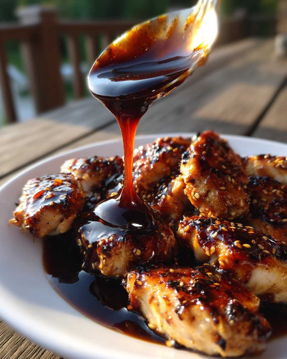 A spoonful of thick, glossy homemade teriyaki sauce is being drizzled over sesame-sprinkled chicken pieces on a white plate.