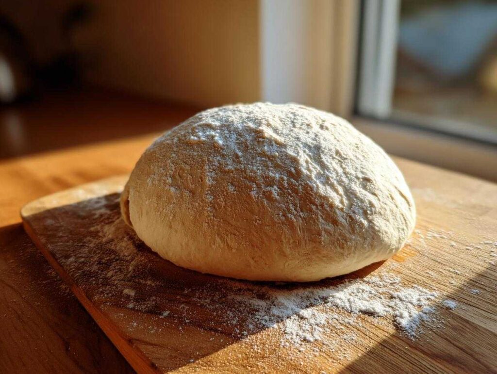 A round ball of proofed pizza dough dusted with flour resting on a wooden cutting board.