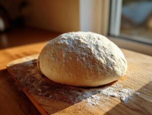 A round ball of proofed pizza dough dusted with flour resting on a wooden cutting board.