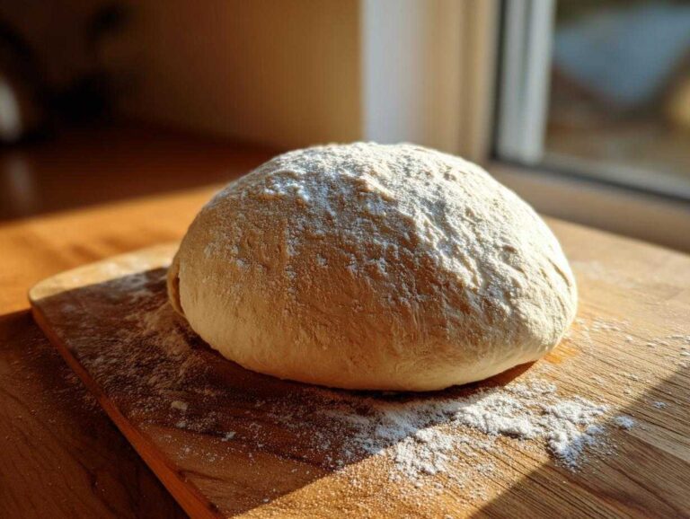 A round ball of proofed pizza dough dusted with flour resting on a wooden cutting board.