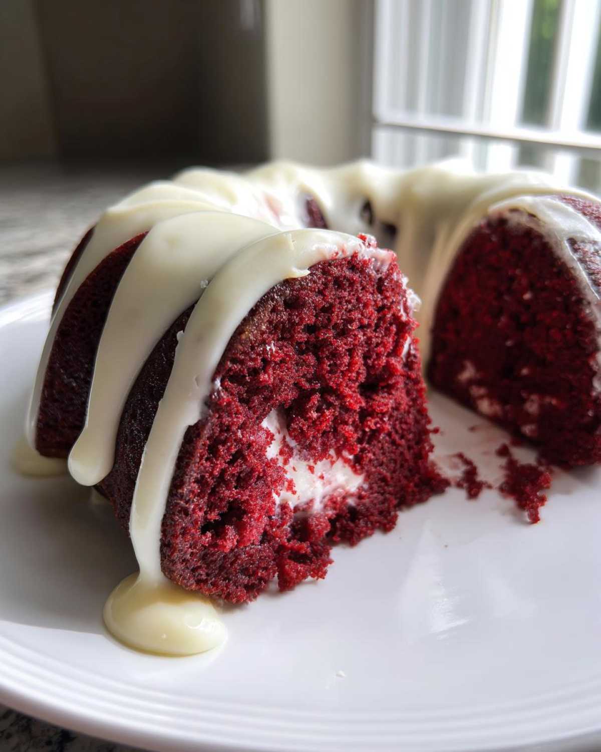 A slice cut from a vibrant red velvet bundt cake, showing a cream cheese filling and drizzled with white glaze.