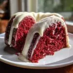 A close-up of a moist slice of red velvet bundt cake topped with thick white cream cheese glaze.