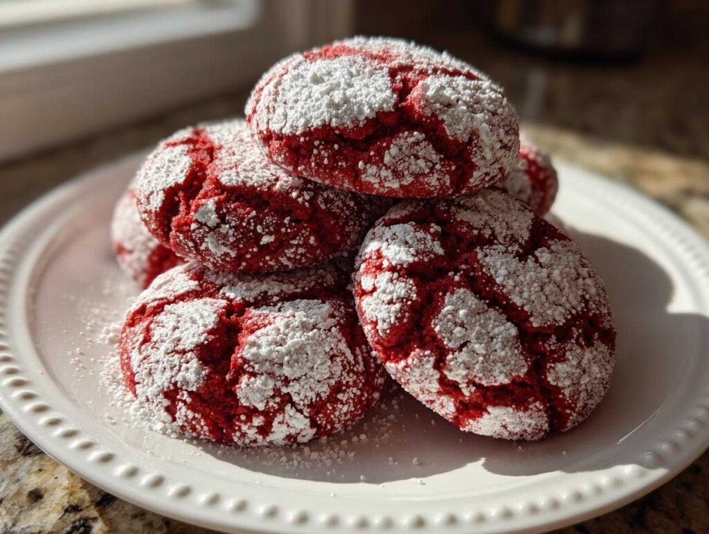 A close-up of several vibrant red velvet cake mix cookies dusted heavily with cracked white powdered sugar on a white plate.