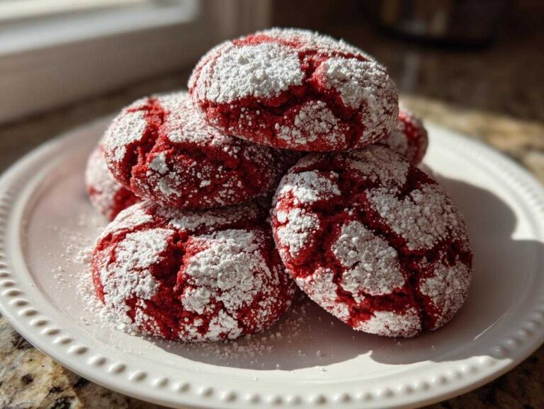 A close-up of several vibrant red velvet cake mix cookies dusted heavily with cracked white powdered sugar on a white plate.