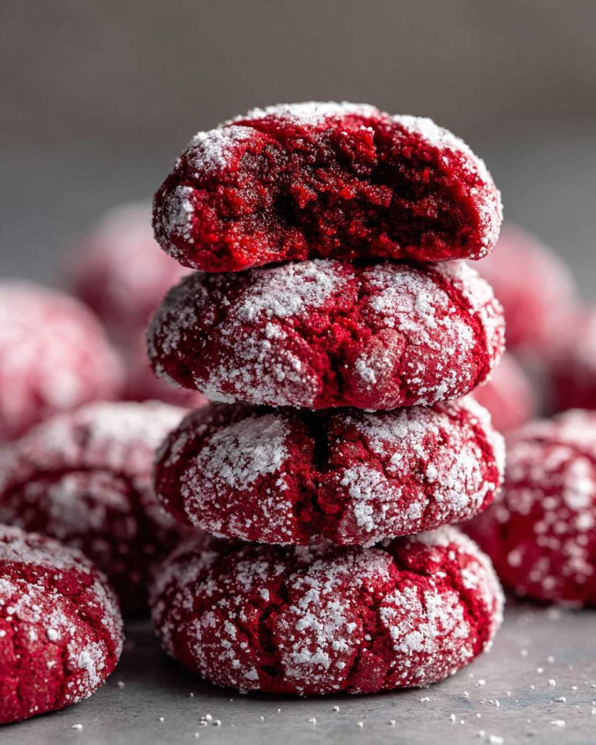 A stack of four vibrant red velvet cake mix cookies coated in powdered sugar, with the top one broken open.